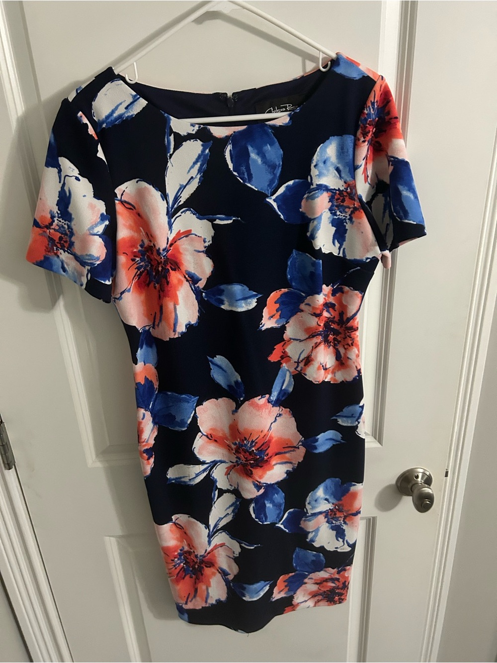 Floral Sheath Dress in Navy with Coral & Blue Bloom